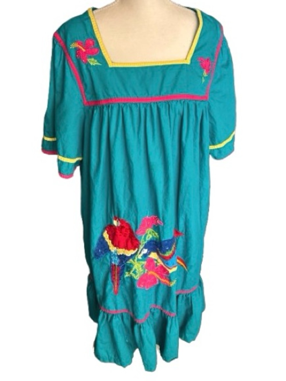 1X Parrots Flowers Beaded Mumu BECHAMEL Cotton Floral Teal Housedress Boho Birds